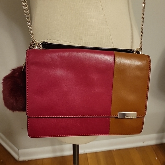 Trina Turk Jackie Color Block Leather Crossbody Bag Purse Fur Pom Red Tan - Picture 1 of 13